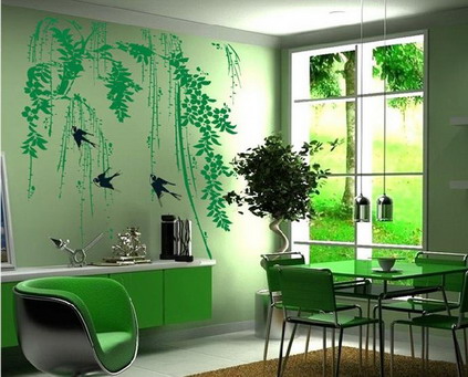 attractive-living-room-wallpaper-accent-wall_green-tree-wall-mural-sticker_green-high-gloss-wood-storage_grey-metal-pendant-lighting